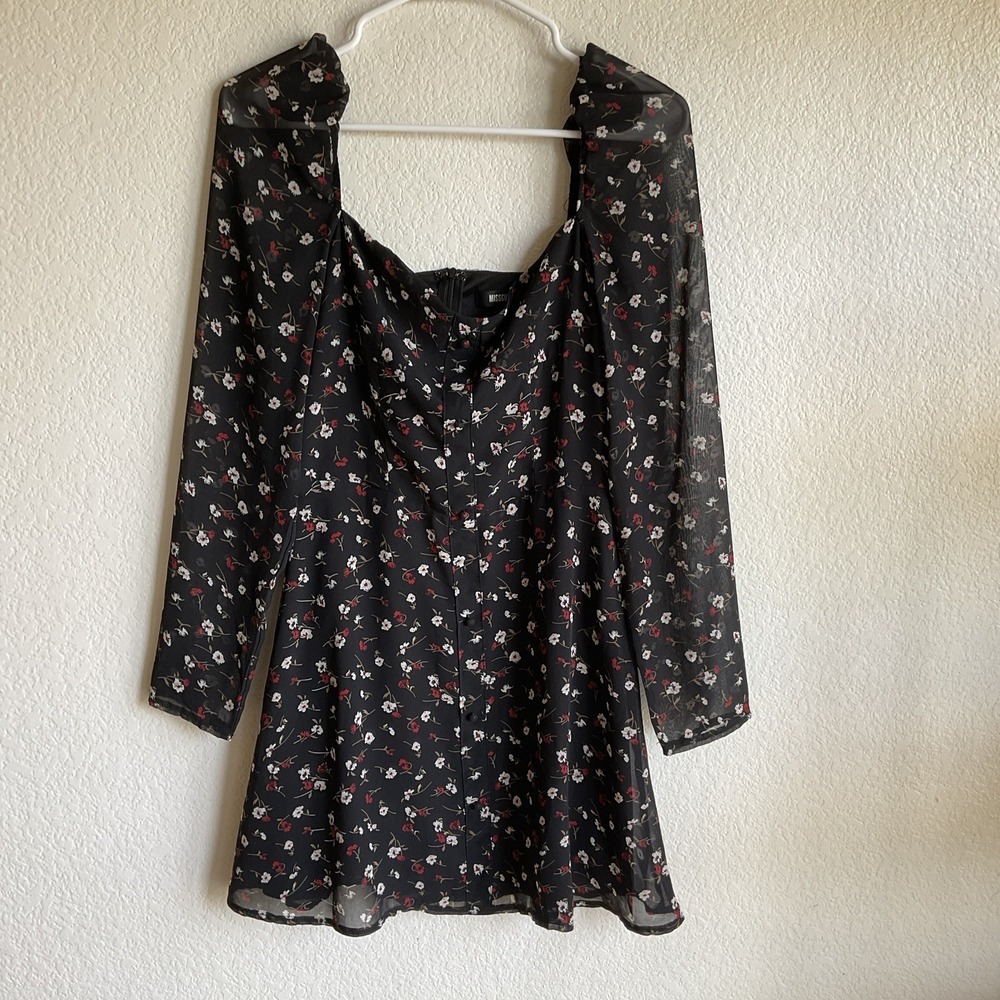 Missguided Mini Dress Womens Sz 6 Floral Rose Milkmaid Shirred Long Sleeves Goth